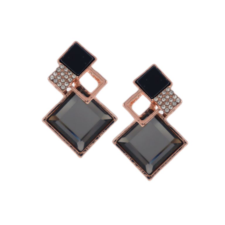 Black Crystal Drop Earrings in Rose Gold Tone