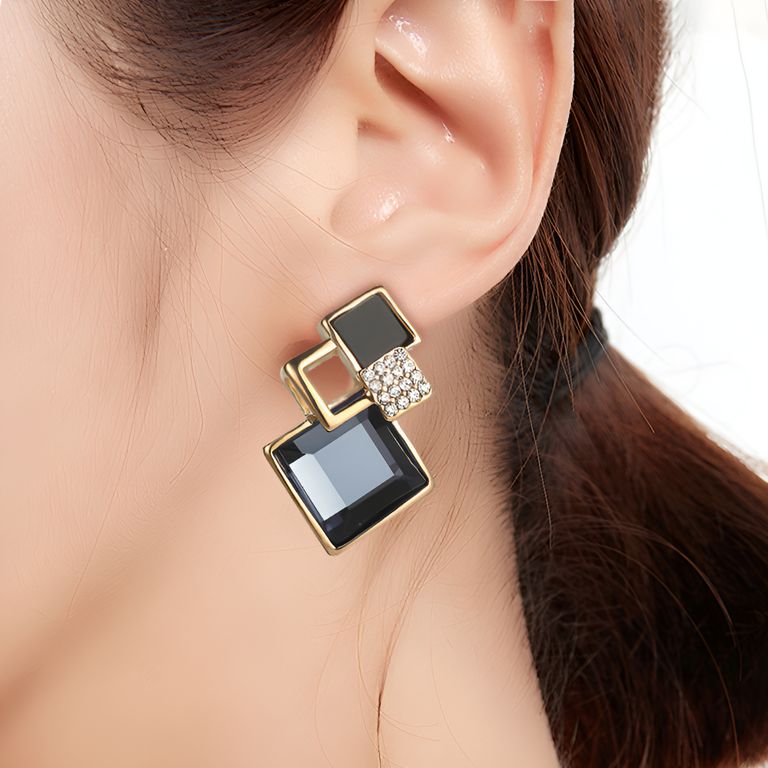 Black Crystal Drop Earrings in Rose Gold Tone