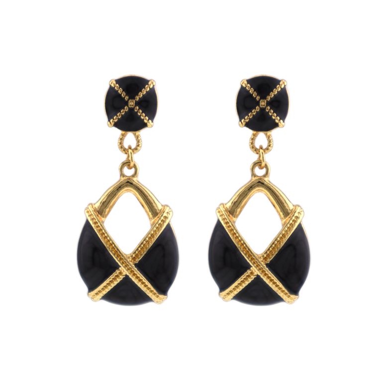 Black Enamel Drop Earrings in Gold Tone