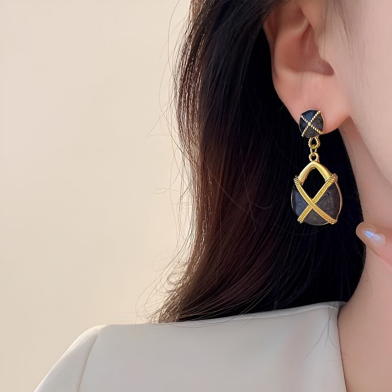 Black Enamel Drop Earrings in Gold Tone