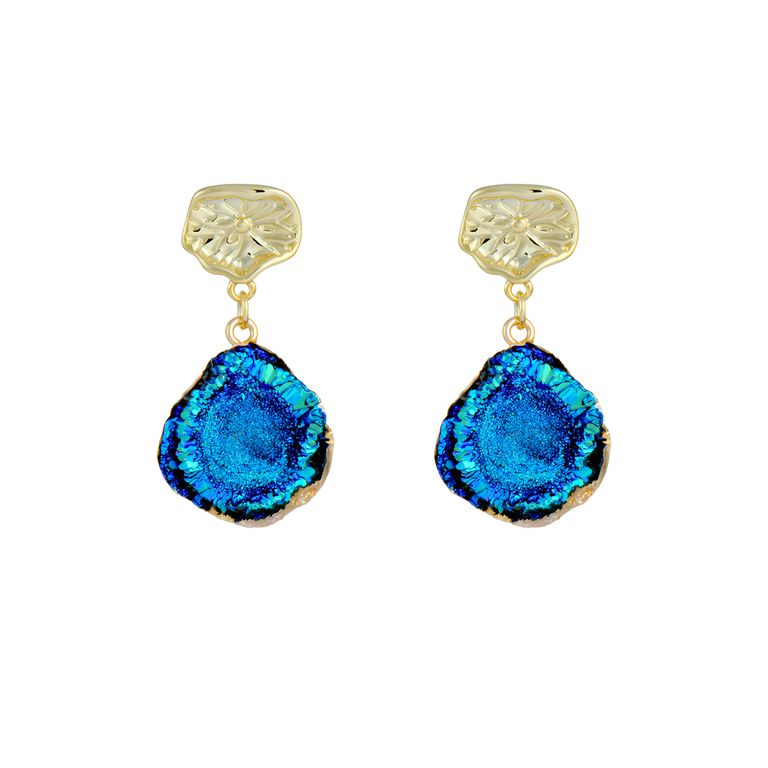 Blue Druzy Drop Earrings in Gold Tone