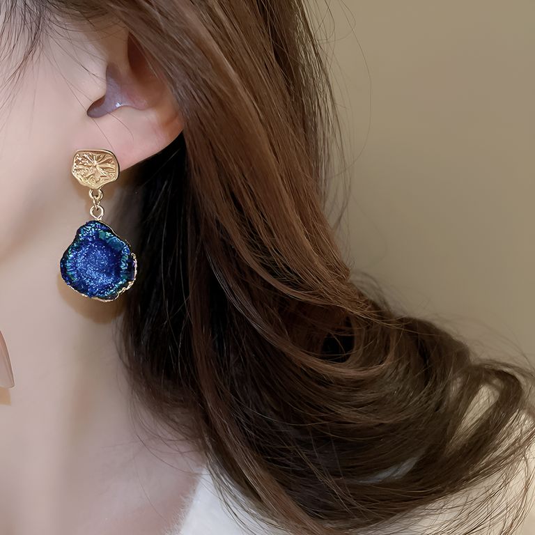 Blue Druzy Drop Earrings in Gold Tone