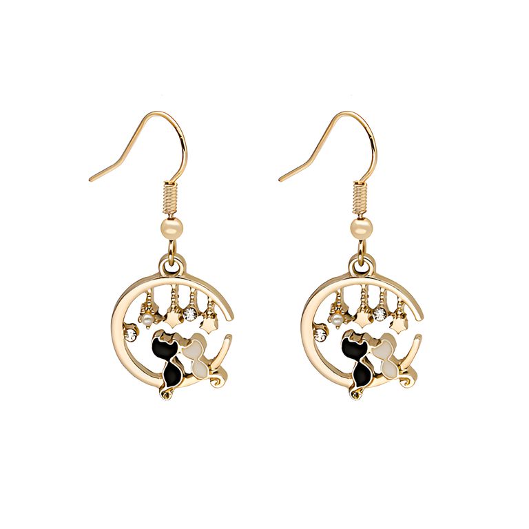 Cat Couple on Moon Drop Earrings in Gold Tone