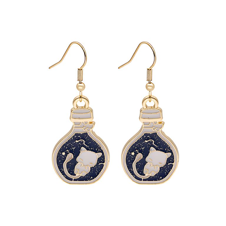 Cat in Light Bulb Drop Earrings in Gold Tone
