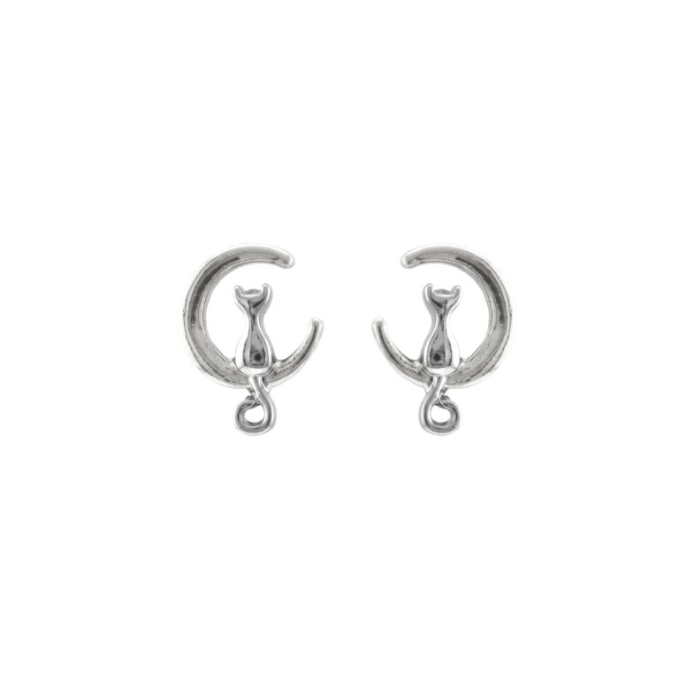 Cat on Moon Stud Earrings in Silver Tone