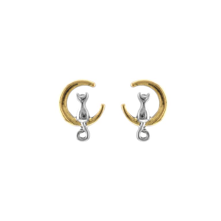 Cat on Moon Stud Earrings in Two Tone