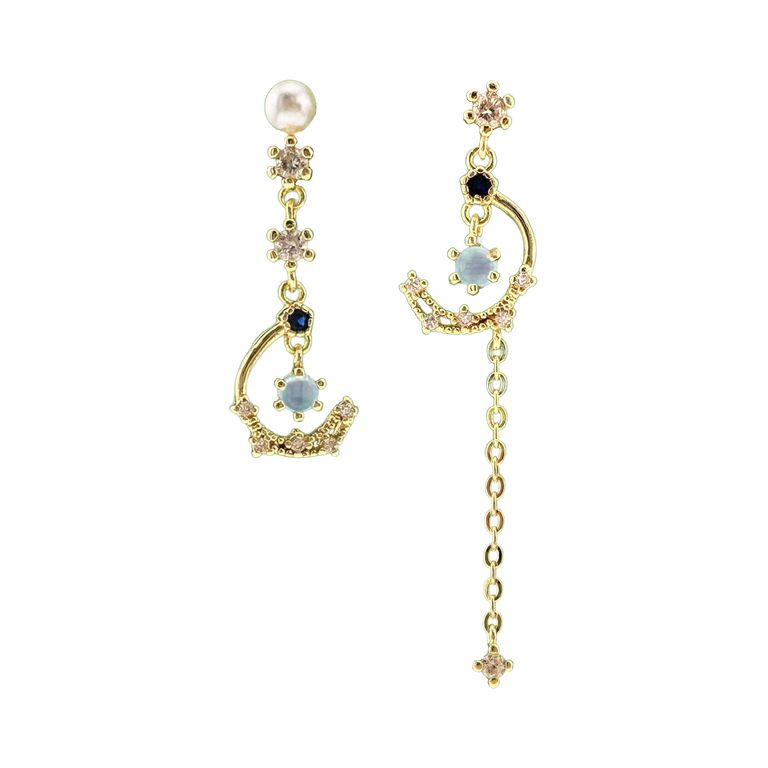 Asymmetrical Crescent Moon Drop Earrings in Gold Tone