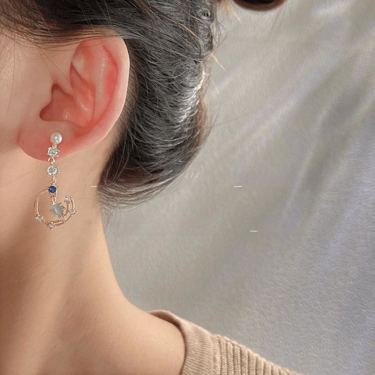 Asymmetrical Crescent Moon Drop Earrings in Gold Tone