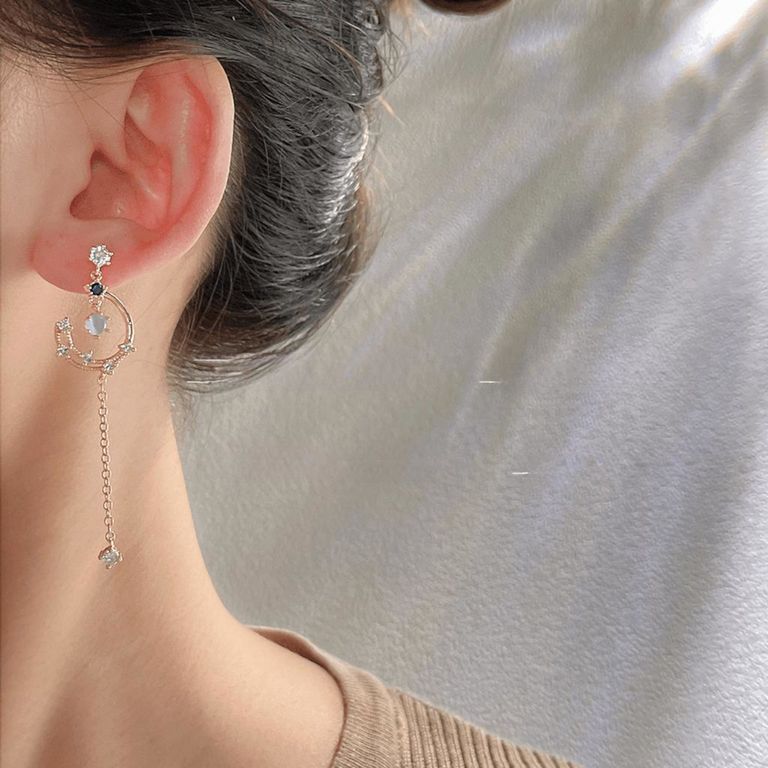Asymmetrical Crescent Moon Drop Earrings in Gold Tone