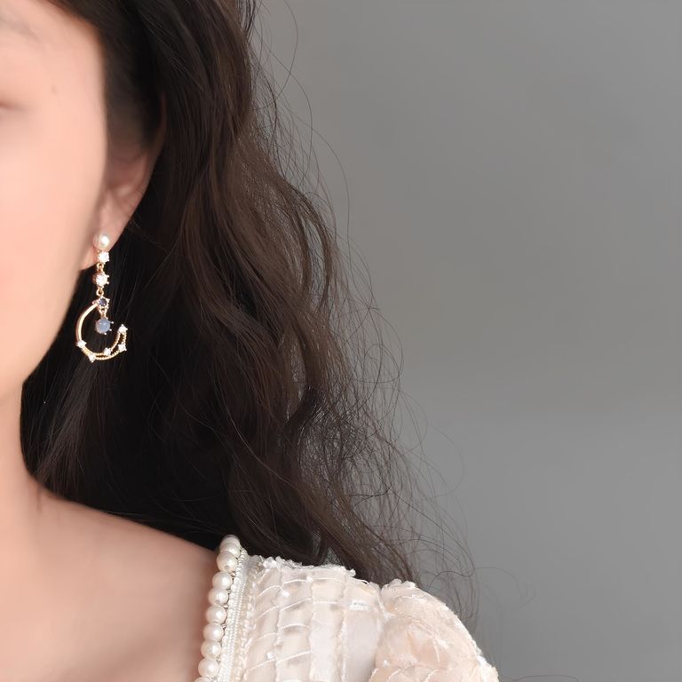Crescent Moon Dangle Earrings in Gold Tone