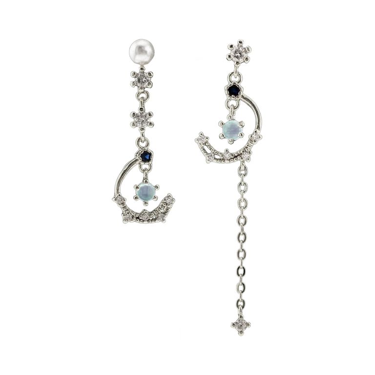 Asymmetrical Crescent Moon Drop Earrings in Silver Tone