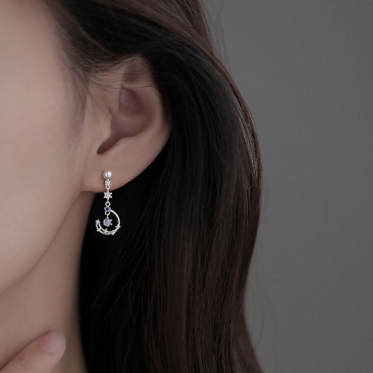 Asymmetrical Crescent Moon Drop Earrings in Silver Tone