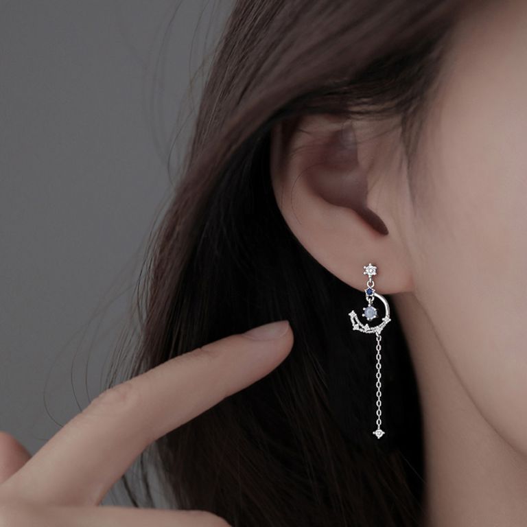 Asymmetrical Crescent Moon Drop Earrings in Silver Tone