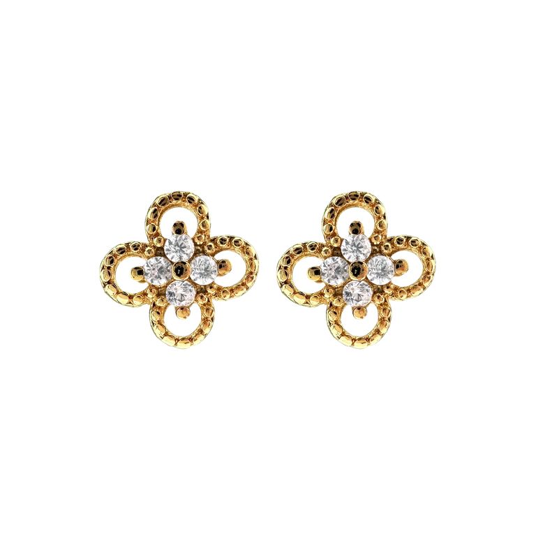 Crystal Clover Stud Earrings in Gold Tone