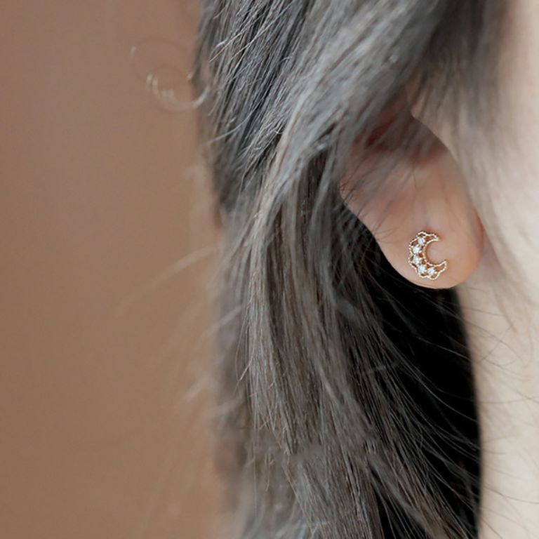 Crytal Crescent Moon Stud Earrings in Gold Tone