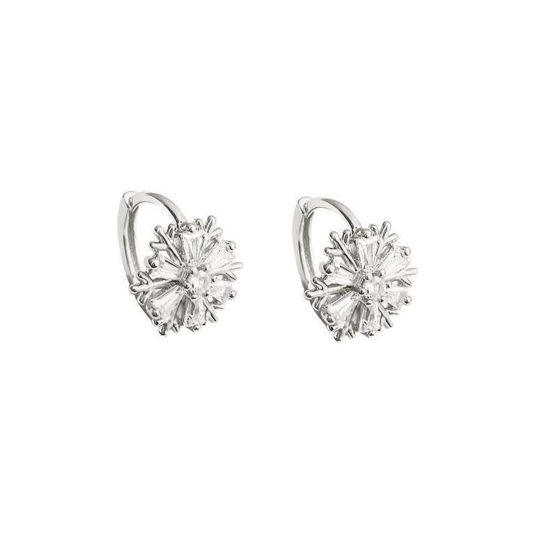 Crystal Snowflake Huggie Earrings in Silver Tone