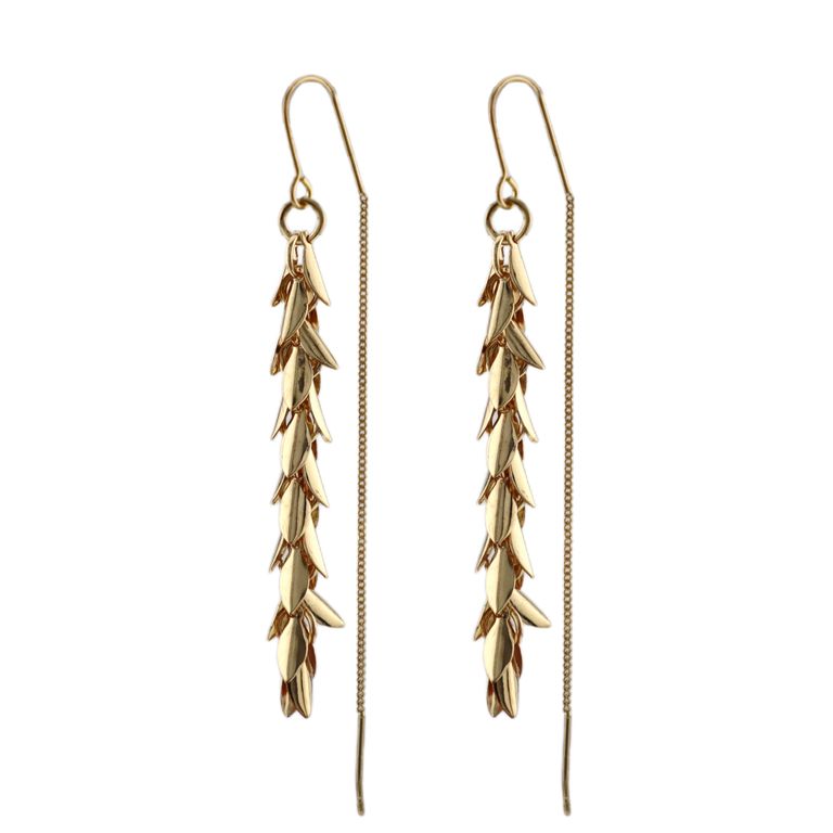 Delicate Leaf Tassel Ear Threads in Gold Tone