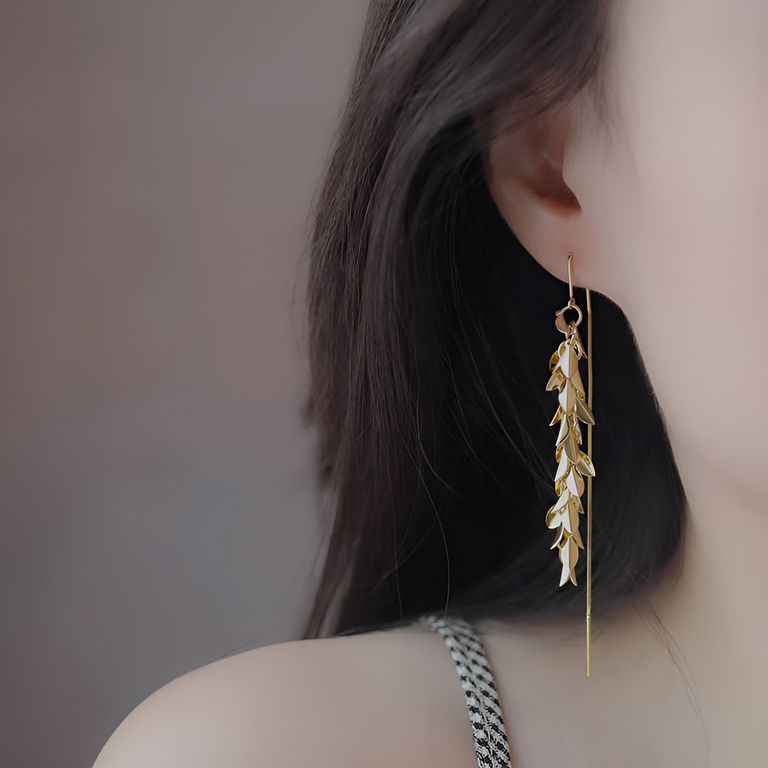 Delicate Leaf Tassel Ear Threads in Gold Tone
