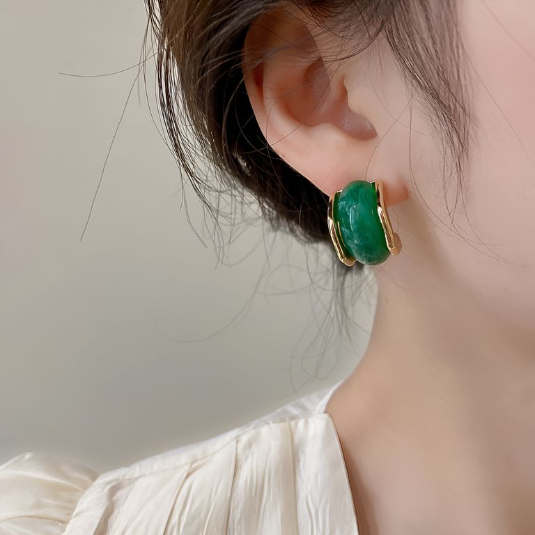 Emerald Green Murano Stud Earrings in Gold Tone