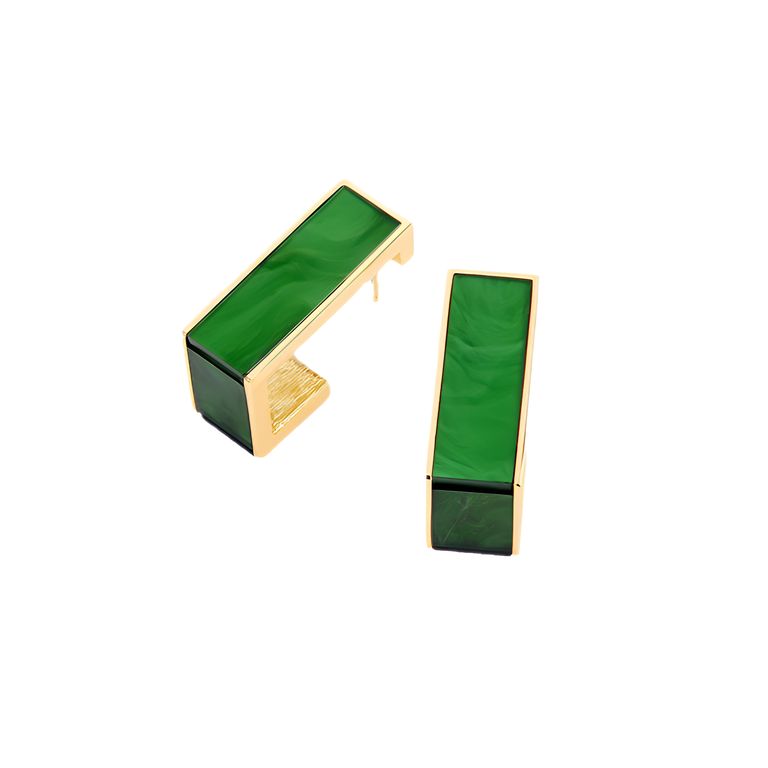 Emerald Green Resin Drop Earrings in Gold Tone