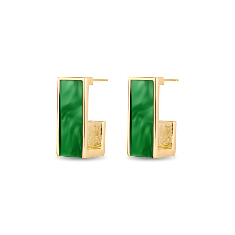 Emerald Green Resin Drop Earrings in Gold Tone