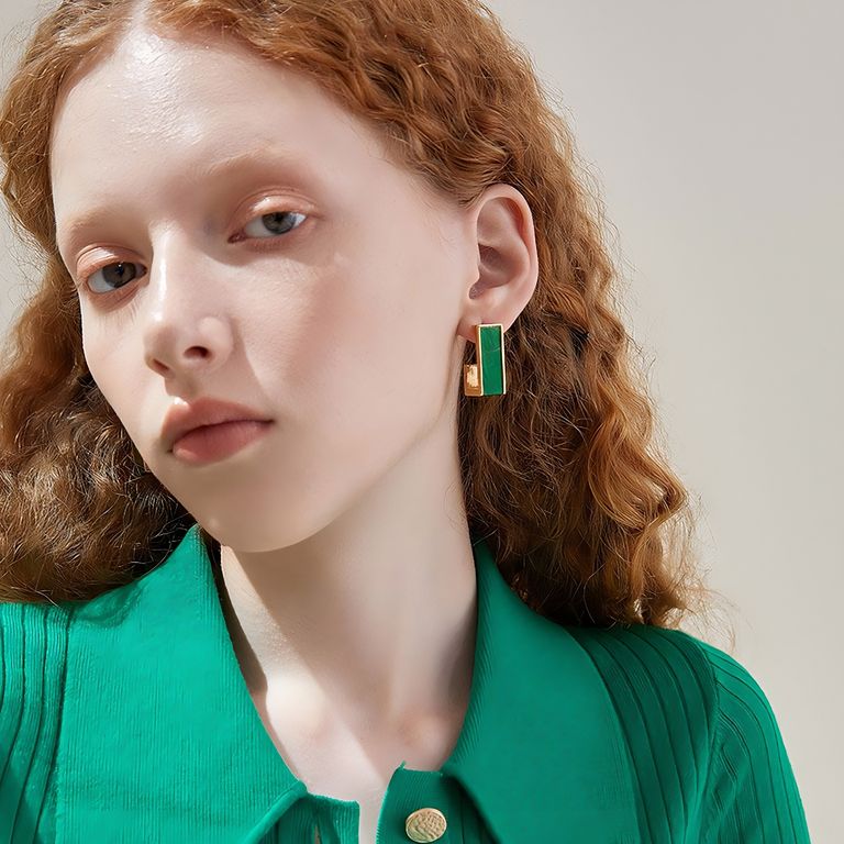 Emerald Green Resin Drop Earrings in Gold Tone