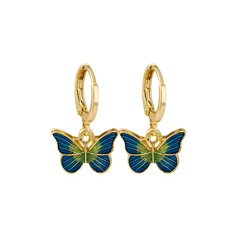 Enamel Butterfly Drop Huggie Earrings in Gold Tone