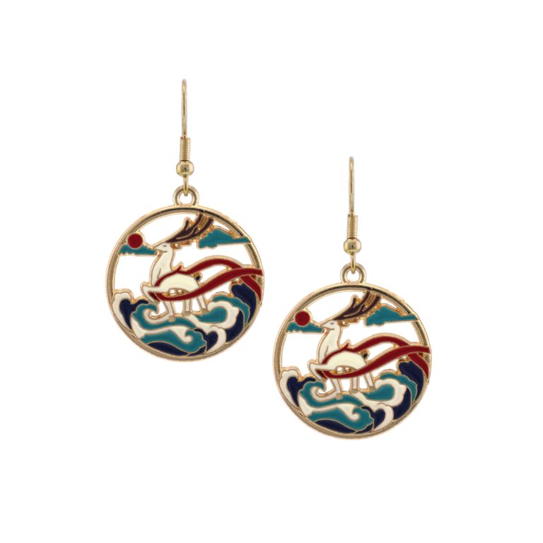 Enamel Deer Drop Earrings in Gold Tone