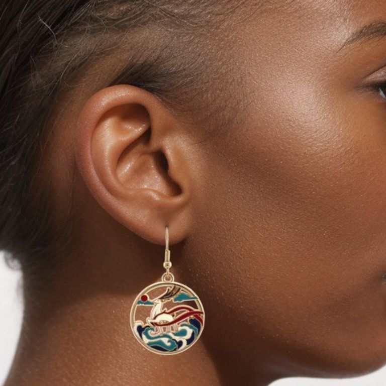 Enamel Deer Drop Earrings in Gold Tone