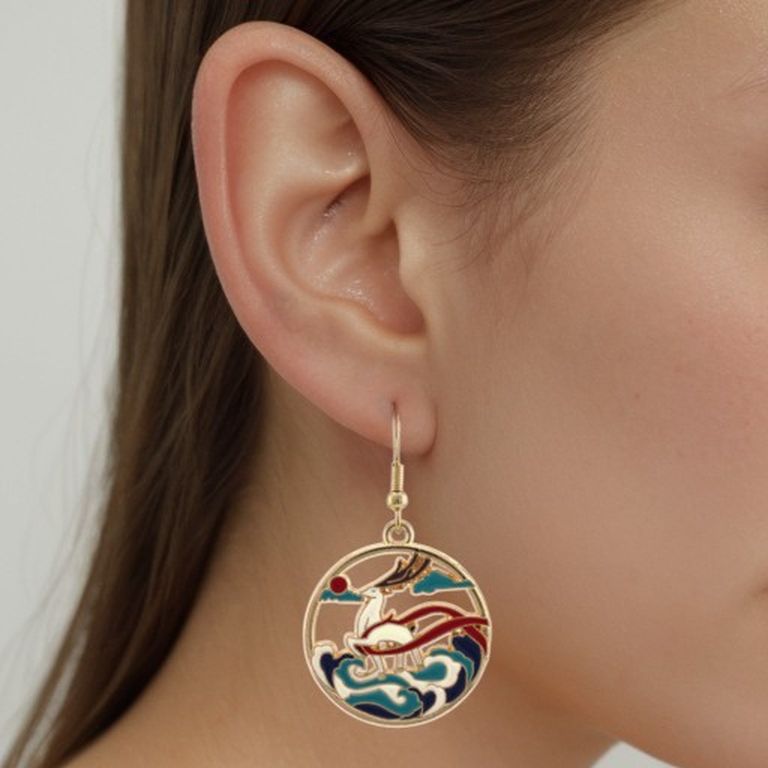 Enamel Deer Drop Earrings in Gold Tone