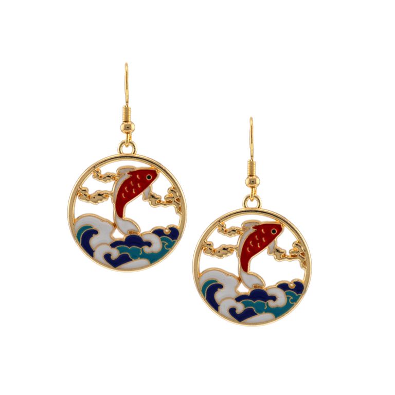 Enamel Koi Round Pendant Earrings in Gold Tone
