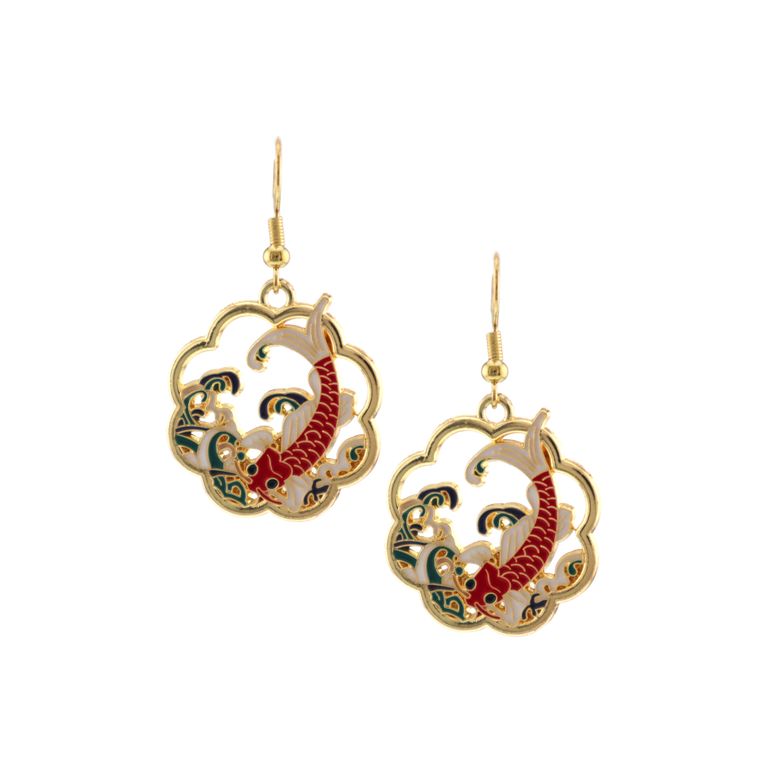 Enamel Koi Pendant Earrings in Gold Tone
