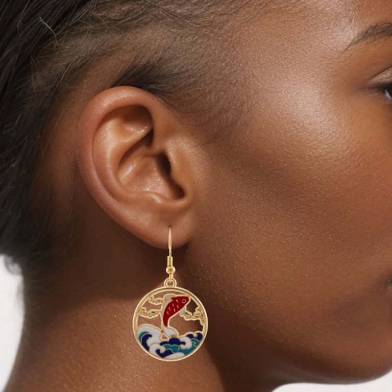 Enamel Koi Round Pendant Earrings in Gold Tone