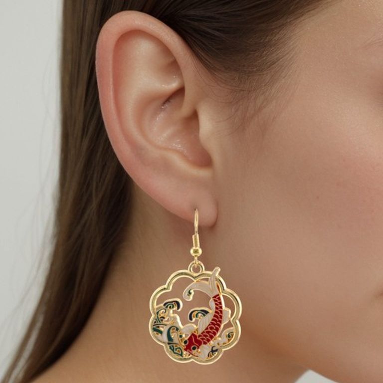 Enamel Koi Pendant Earrings in Gold Tone