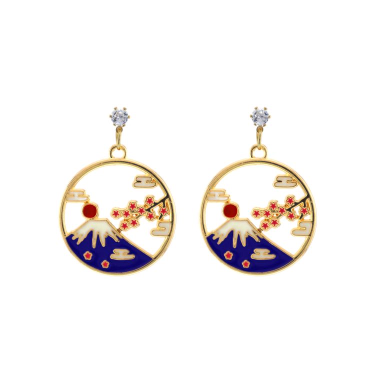 Enamel Mount Fuji Drop Earrings in Gold Tone