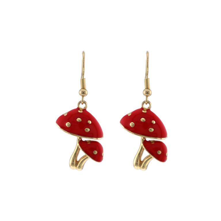 Enamel Mushroom Pendant Earrings in Gold Tone