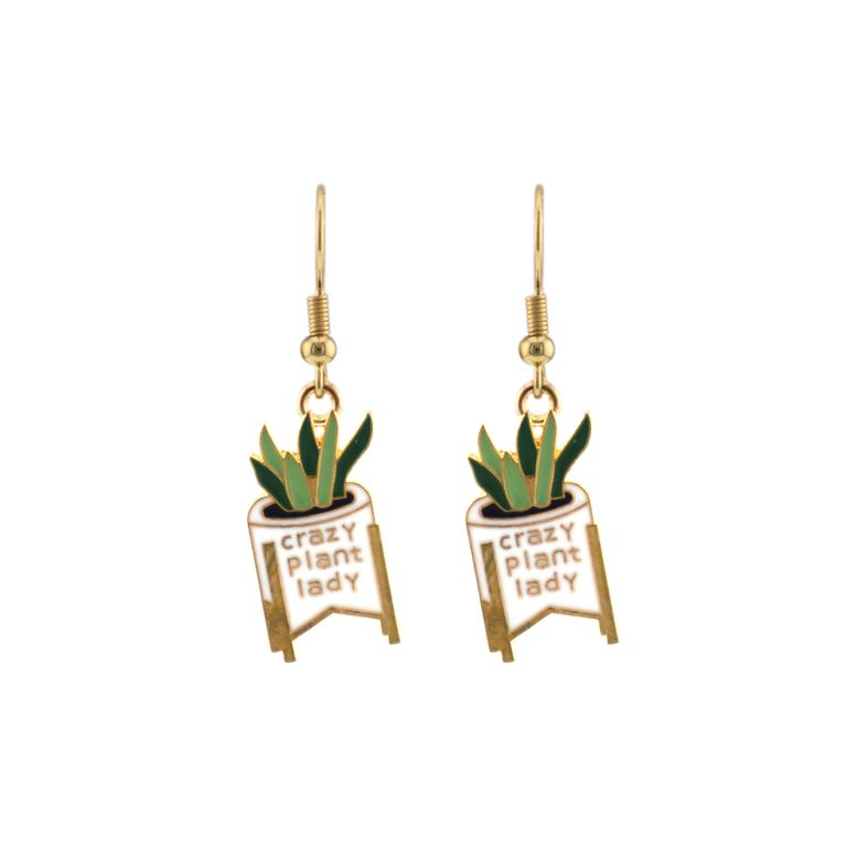 Enamel Plant Drop Earrings in Gold Tone