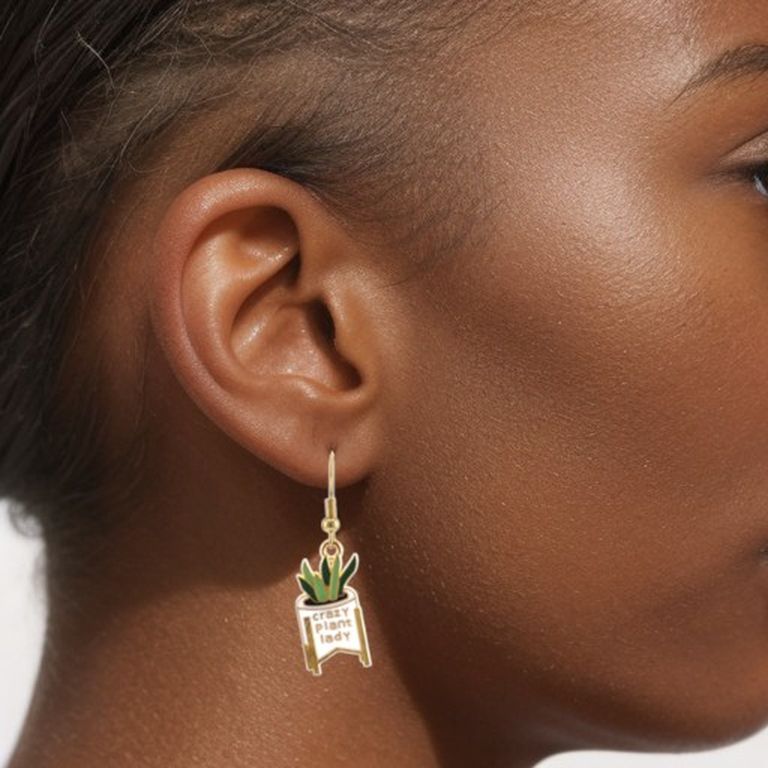 Enamel Plant Drop Earrings in Gold Tone