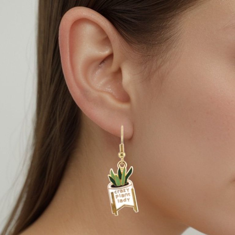 Enamel Plant Drop Earrings in Gold Tone