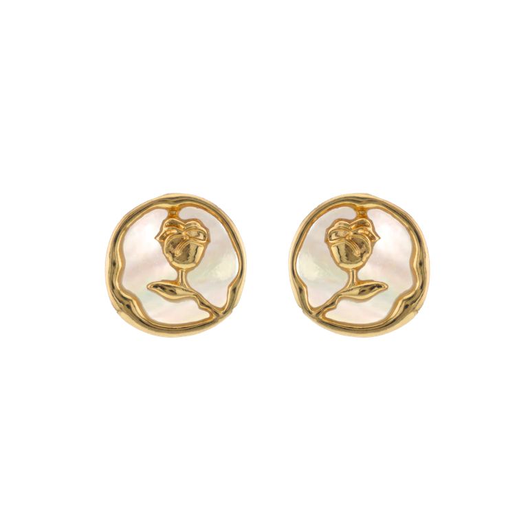 Mother of Pearl Rose Stud Earrings in Gold Tone