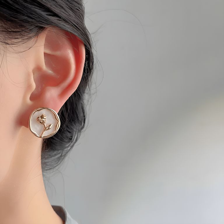Mother of Pearl Rose Stud Earrings in Gold Tone