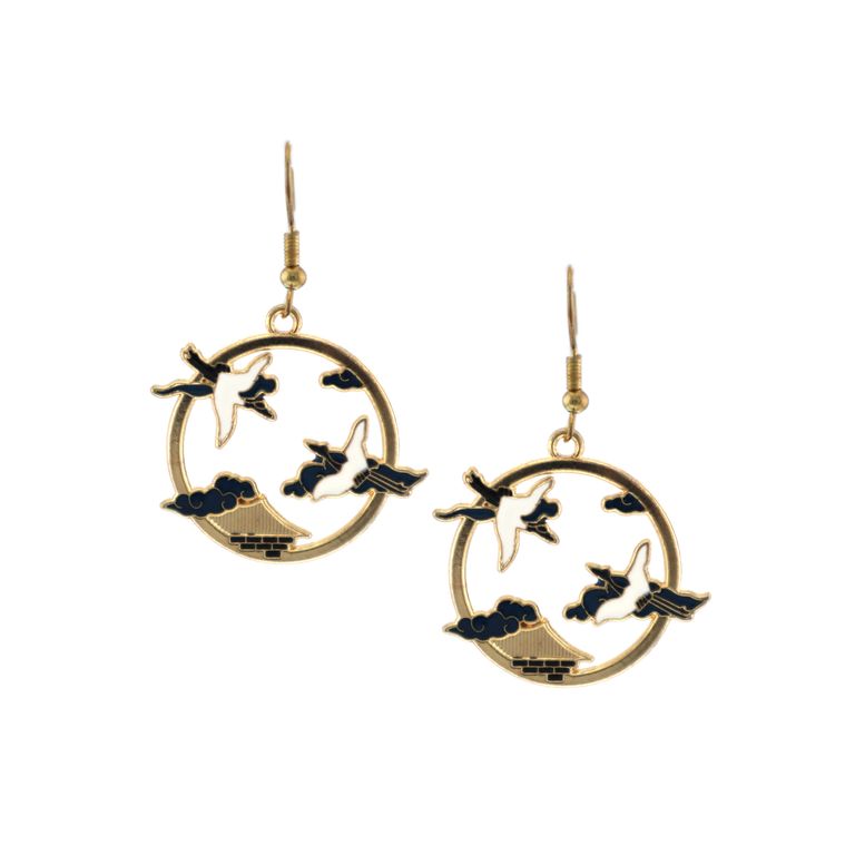 Enamel Swallow Pendant Earrings in Gold Tone