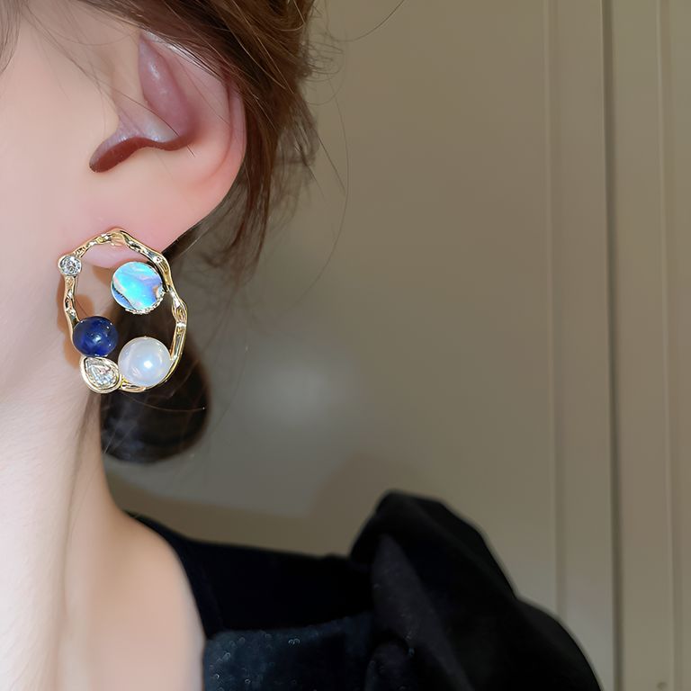 Mother of Pearl Statement Stud Earrings in Gold Tone