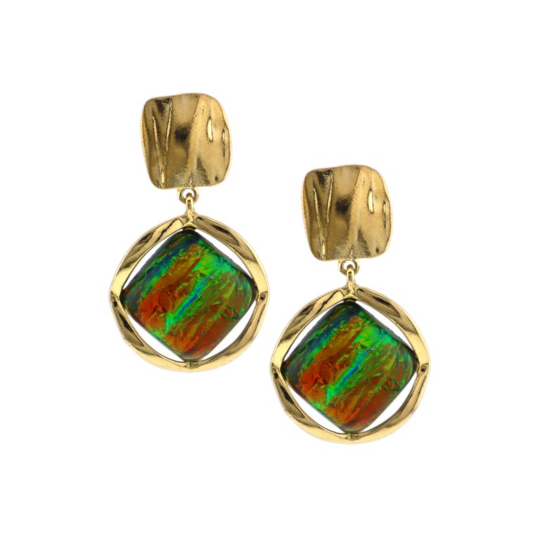 Iridescent Pendant Earrings in Gold Tone