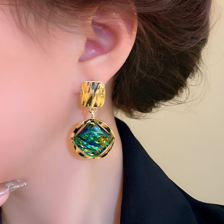 Iridescent Pendant Earrings in Gold Tone