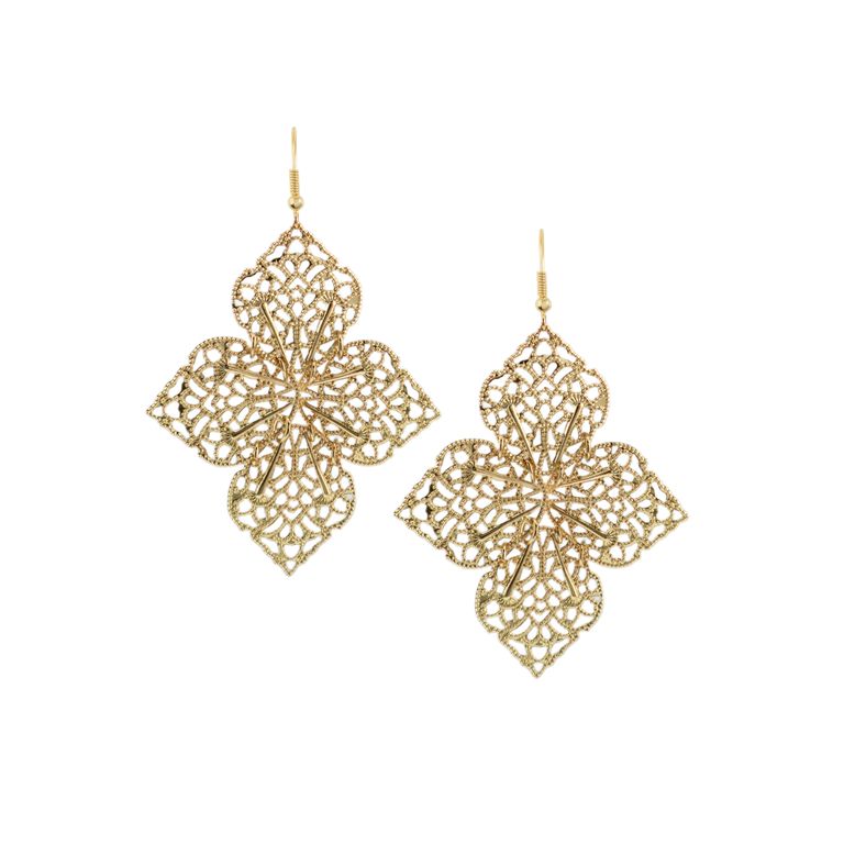 Lace Leaf Drop Earrings in Gold Tone
