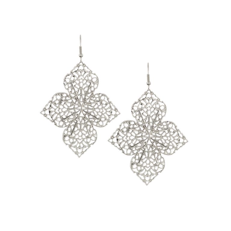 Lace Leaf Drop Earrings in Silver Tone