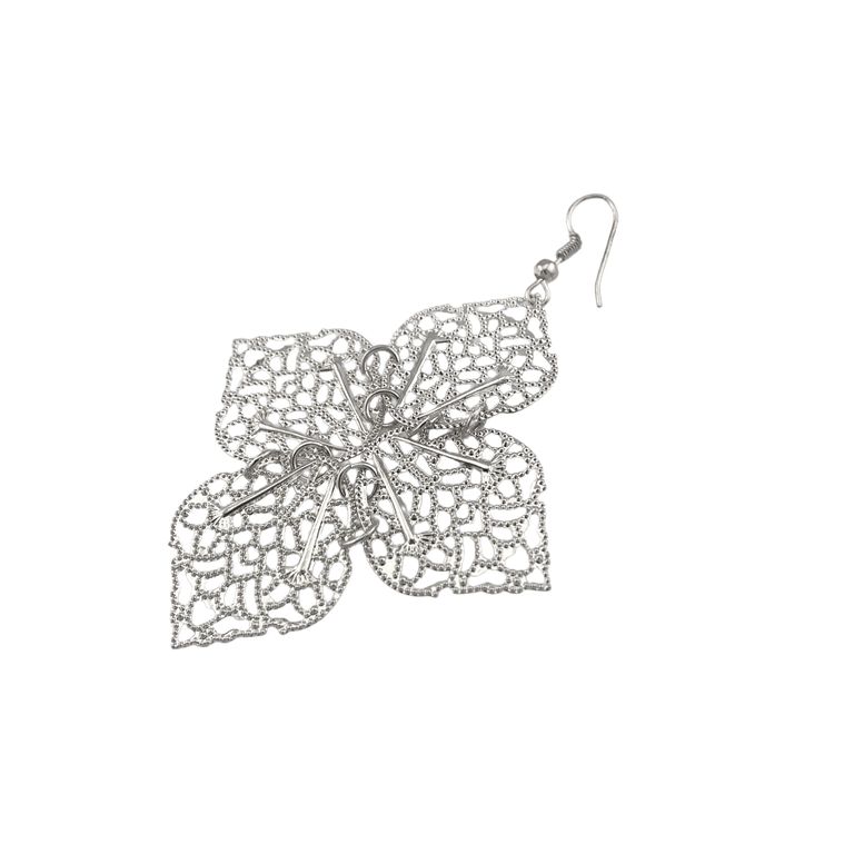 Lace Leaf Drop Earrings in Silver Tone
