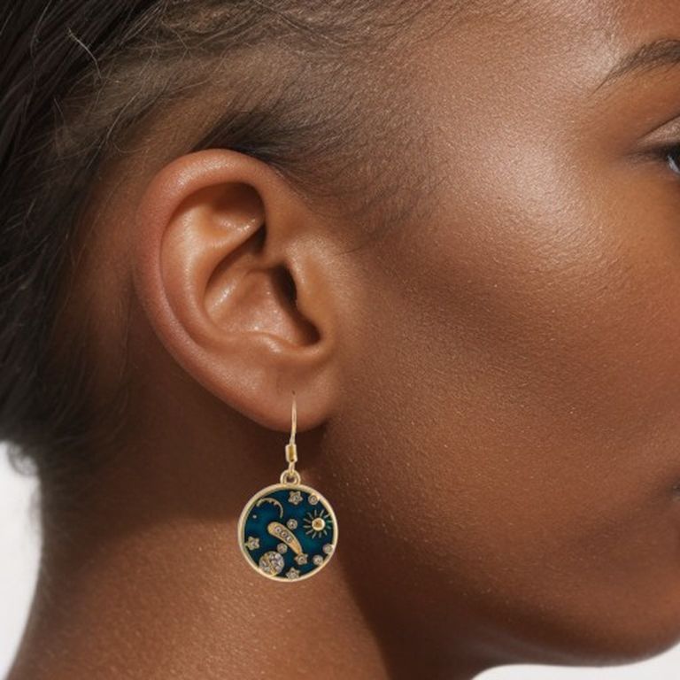 Lacquer Astro Pendant Earrings in Gold Tone