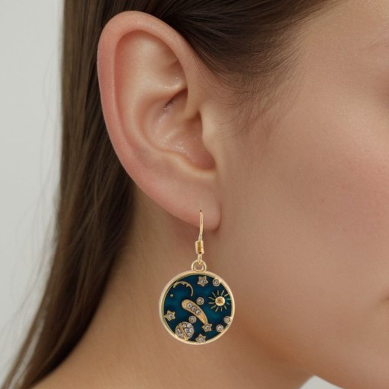 Lacquer Astro Pendant Earrings in Gold Tone